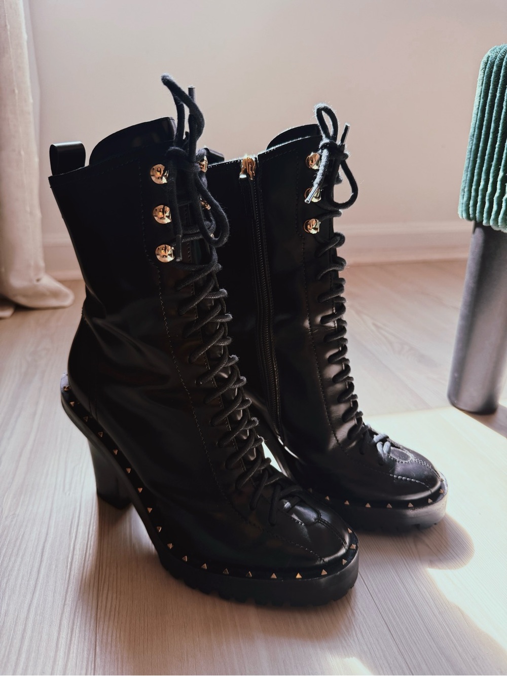 Valentino Black Lace-Up Platform Ankle Boots with Gold Studs